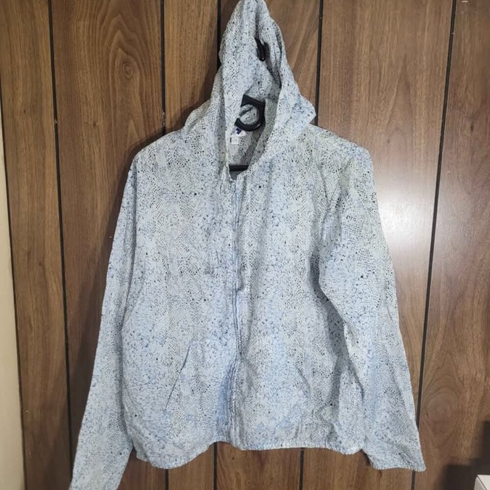 Women Blue Hooded Nylon Jacket Size: Large